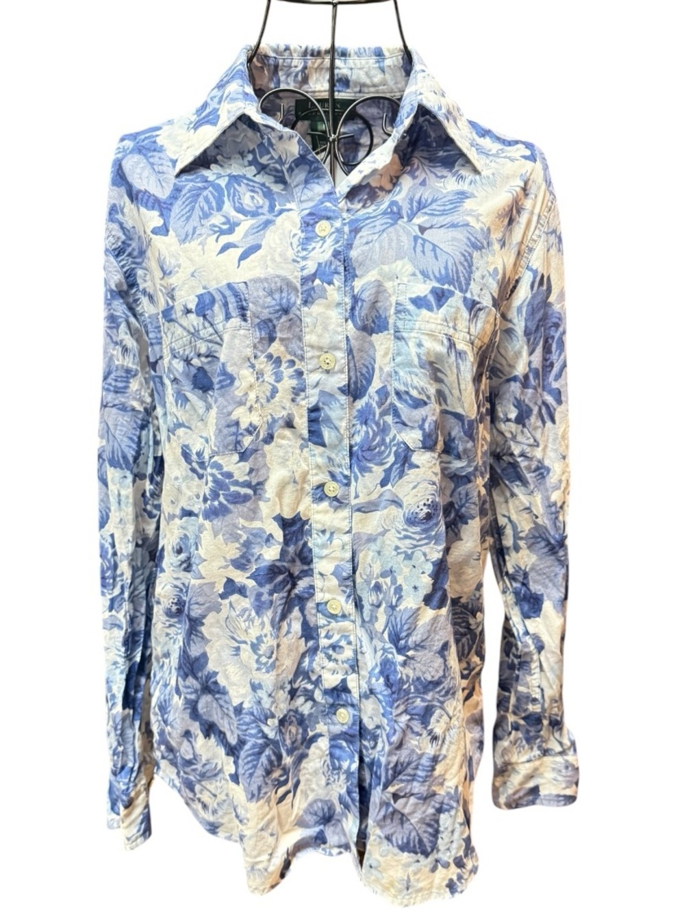 Lauren Ralph Lauren Cotton Blue White Floral Button-Down Shirt Preppy Classic